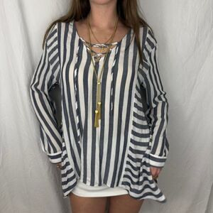 Blue and White Striped Lace Up Handkerchief Hem Long Sleeve Tunic Coastal Boho
